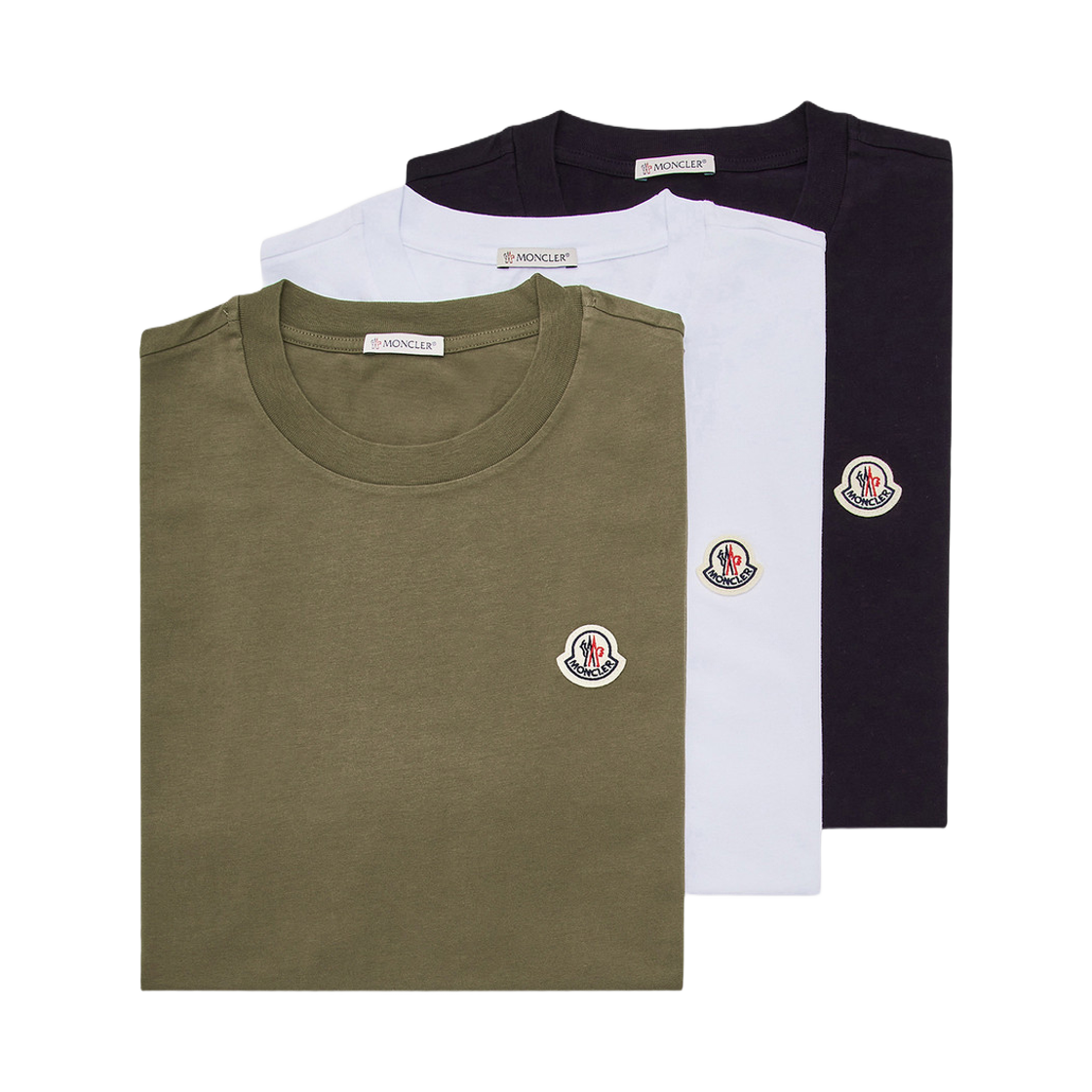 몽클레르 로고 패치 코튼 티셔츠 블랙 화이트 올리브 그린 (3개 세트) - 25FW(Moncler Logo Patch Cotton T-Shirt Black White Olive Green (Set of 3) - 25FW) - 1