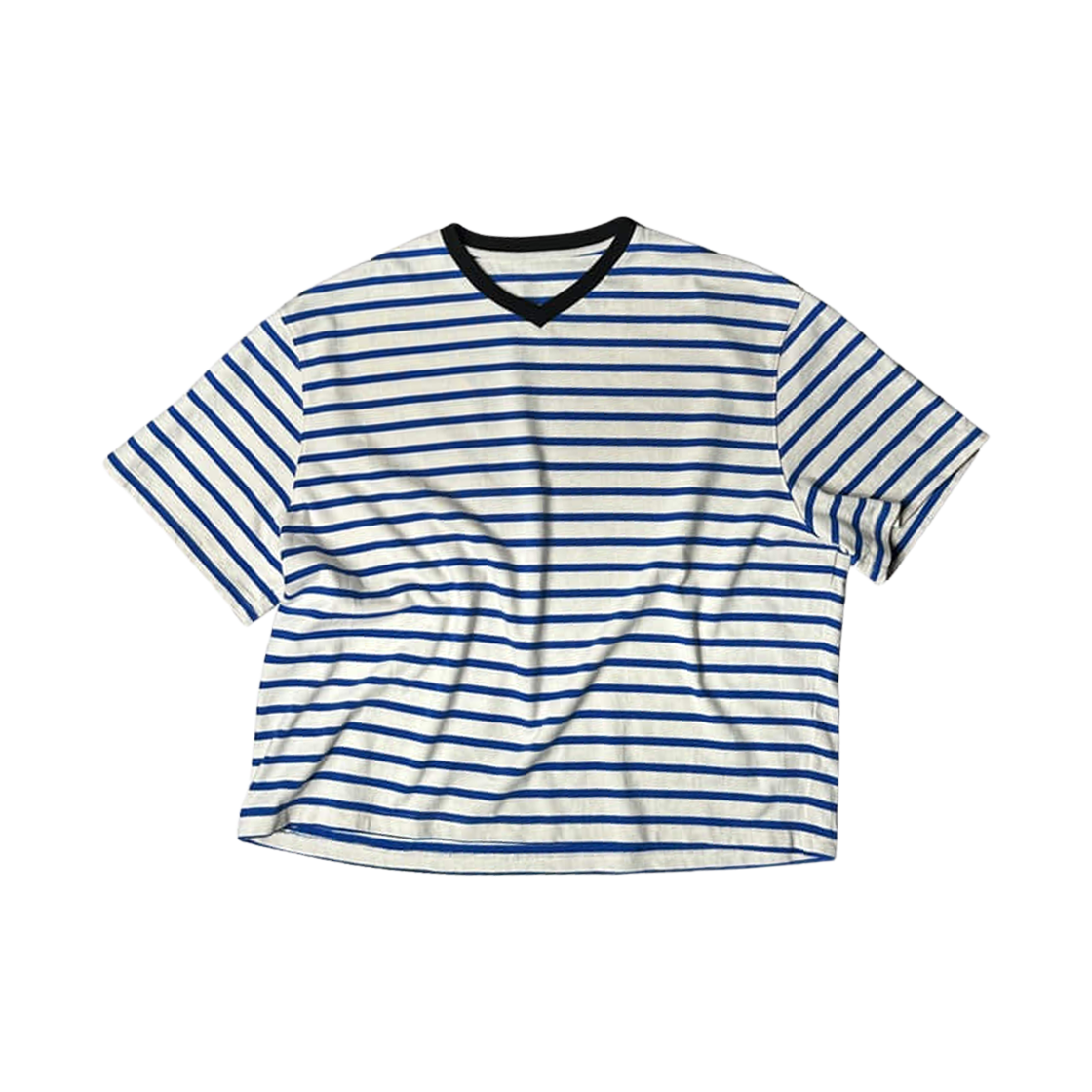 논노드 크롭 브이넥 티셔츠 스트라이프 블루(Nonnod Cropped V-Neck T-Shirt Striped Blue)