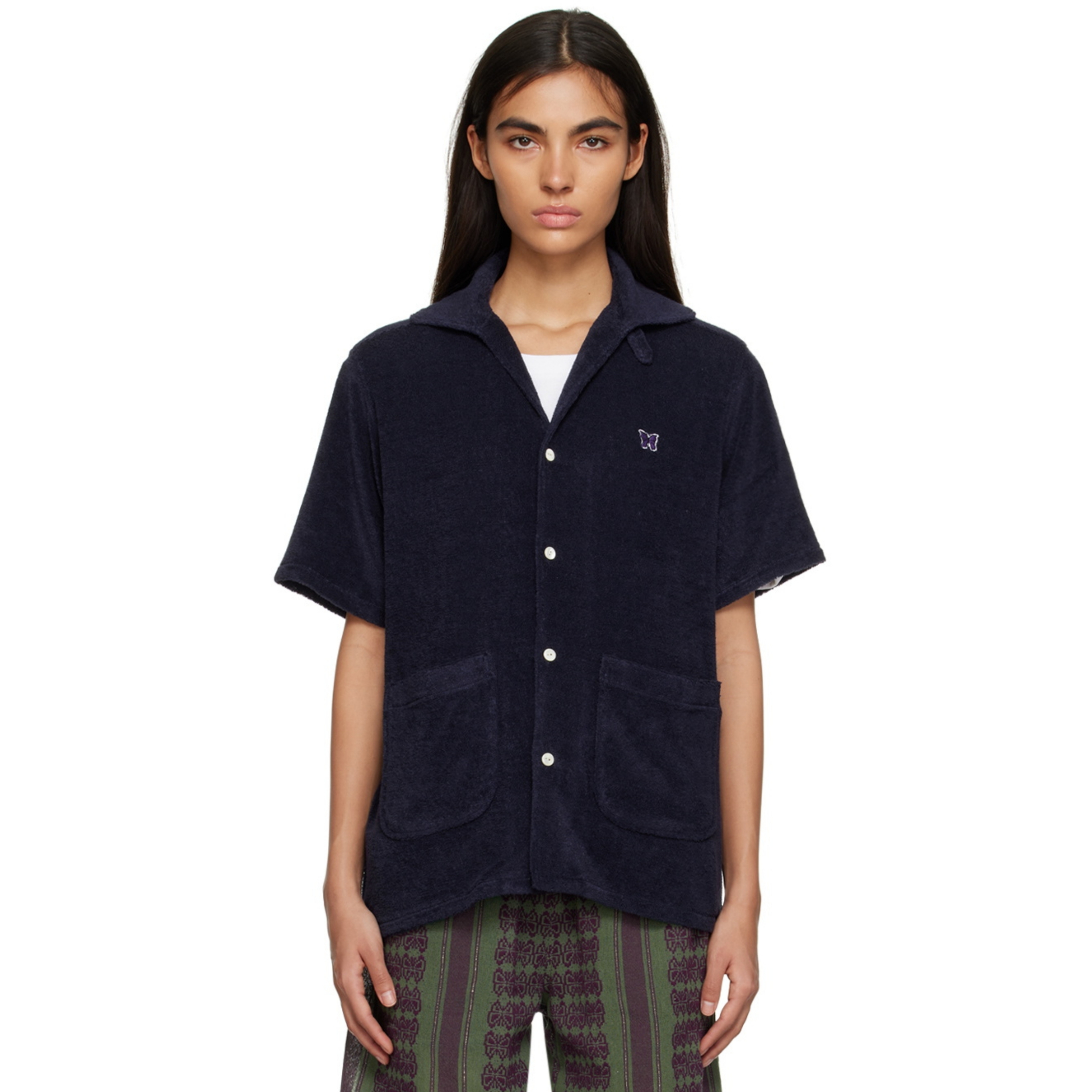 Needles S/S Italian Collar Shirt Navy, Needles Shawl Collar Cotton Pique Polo Shirt Black 착용 스타일