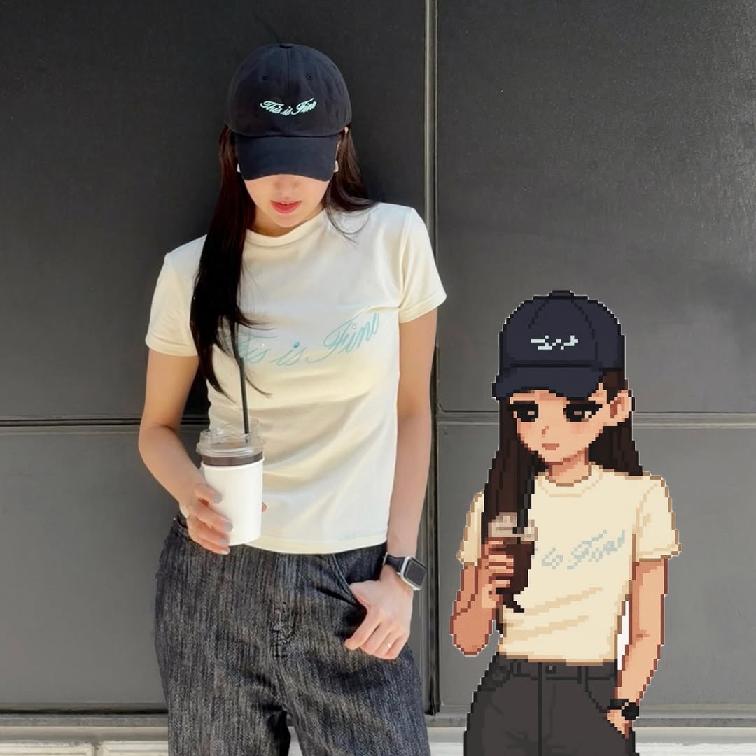 THIS IS FINE Cropped Signature Tee Cream, THIS IS FINE Signature Ball Cap Black 착용 스타일 - 2