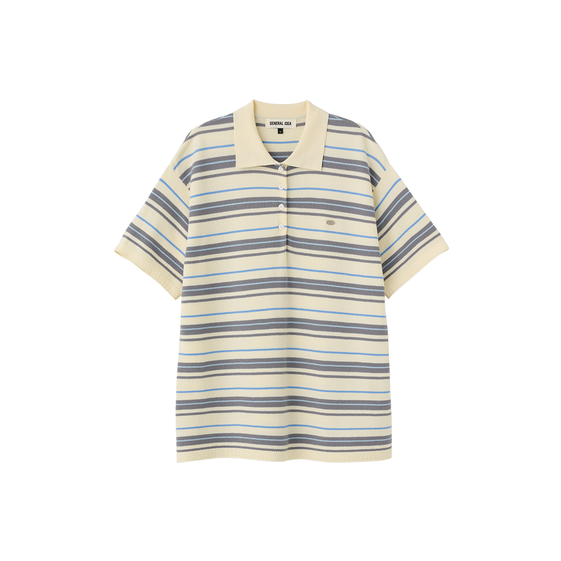제너럴아이디어 우먼 멀티 스트라이프 카라 하프 니트 아이보리(General Idea Woman Multi Stripe Collar Half Knit Ivory)