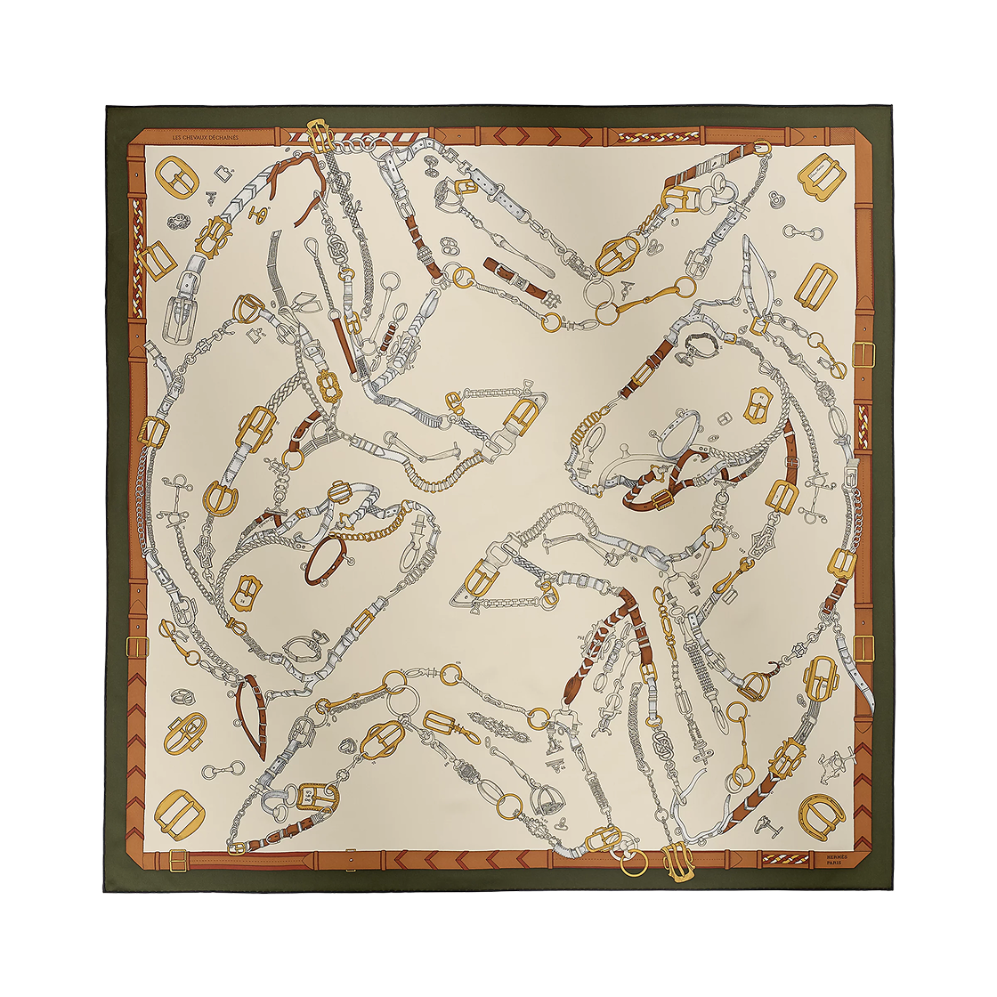 (W) 에르메스 레 슈브 디샨 스카프 90 이보아르 베르 로든 비에일((W) Hermes Les Chevaux Dechaines Scarf 90 Ivoire Vert Loden Vieil)