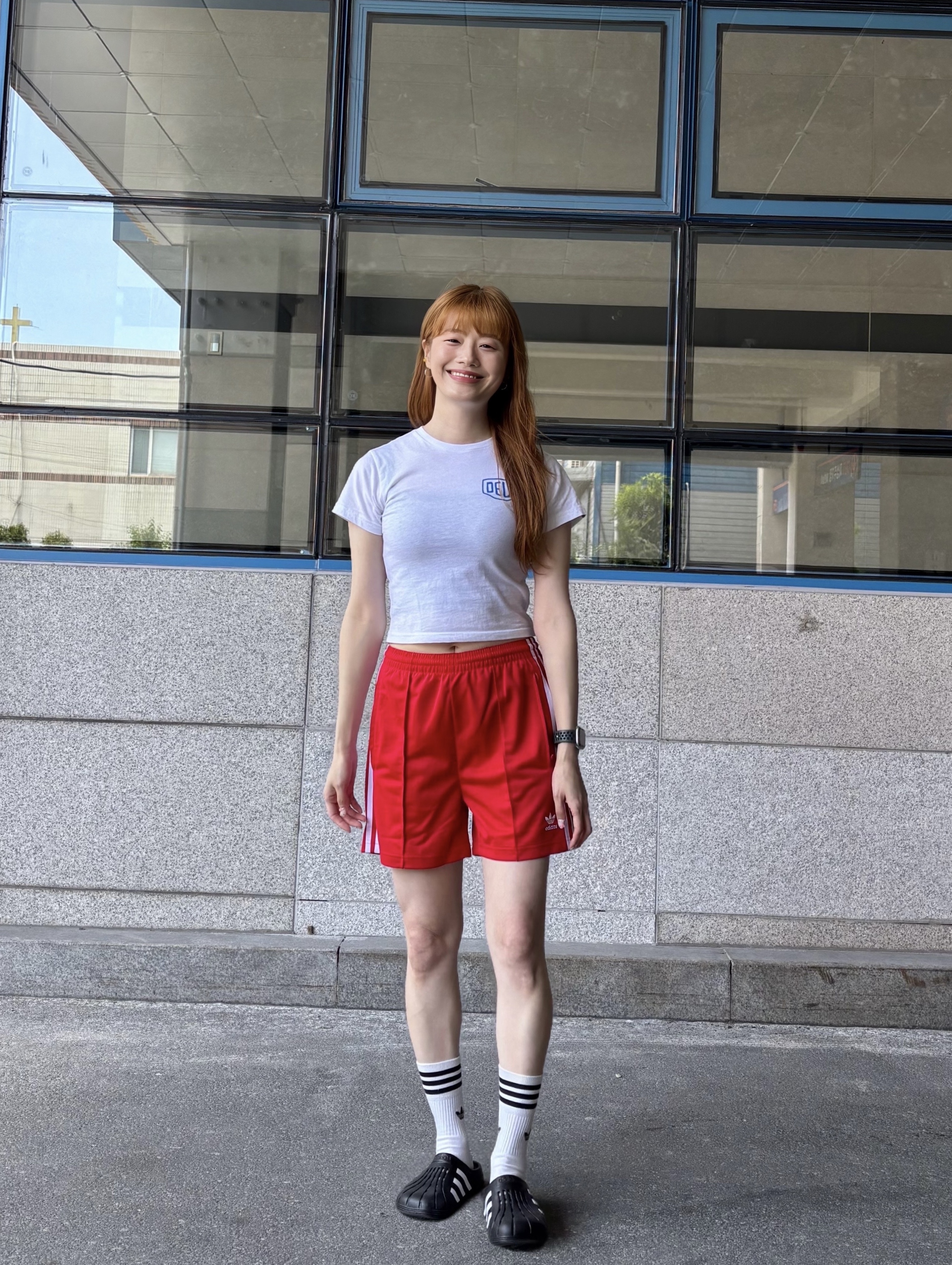 (W) Adidas Firebird Shorts Better Scarlet White - KR Sizing, Adidas Adilette Clog Black White 착용 스타일 - 6