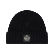 Stone Island N100012 Light RWS Geelong Wool Beanie with Compass Patch and Ribbed Cuff Black - 25FW