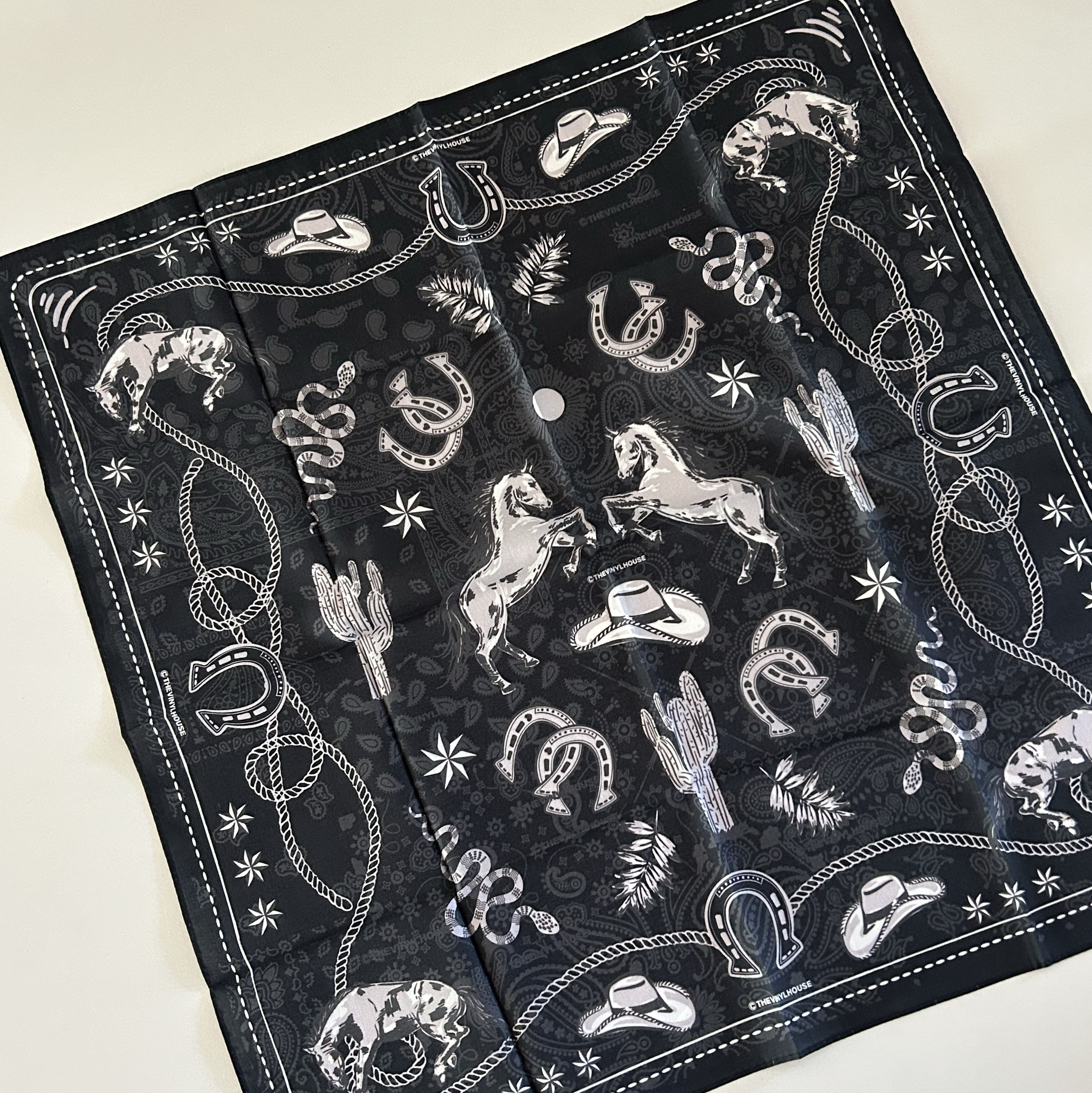 Thevinylhouse Tvh Western Pattern Bandana Navy 착용 스타일 - 2