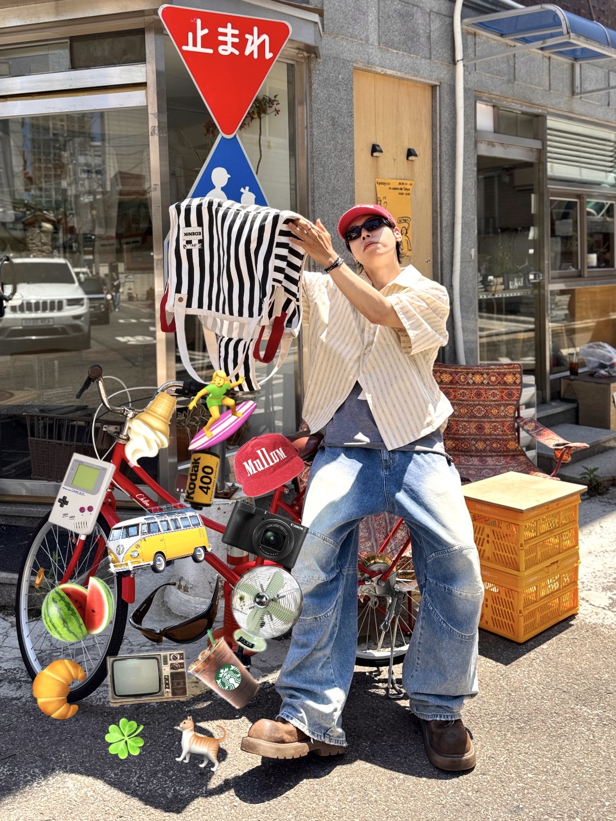 Nonnod Vacation Shirt Yellow Stipe, MJD 3D Knee Denim Pants Blue 착용 스타일 - 1