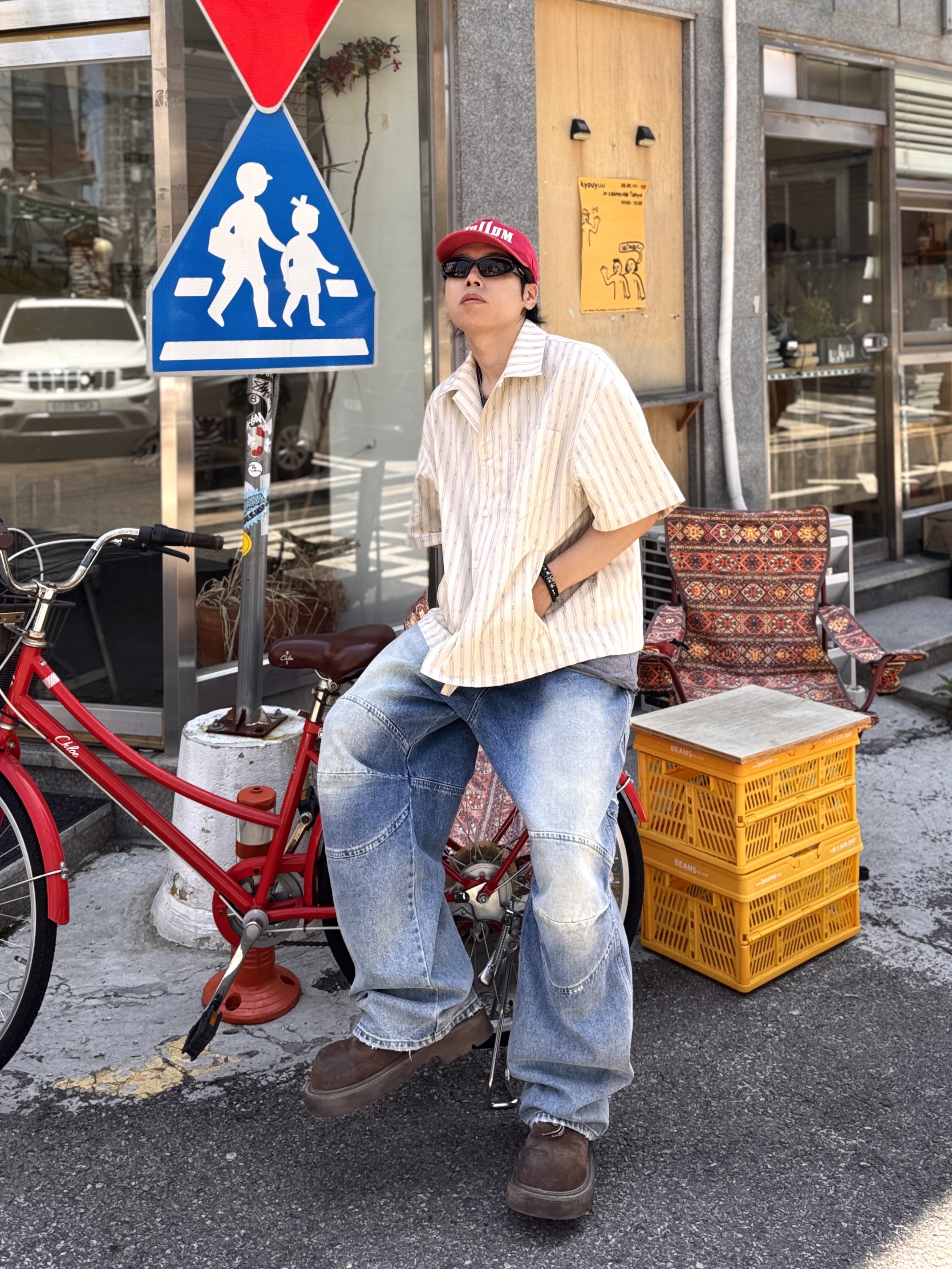Nonnod Vacation Shirt Yellow Stipe, MJD 3D Knee Denim Pants Blue 착용 스타일 - 2