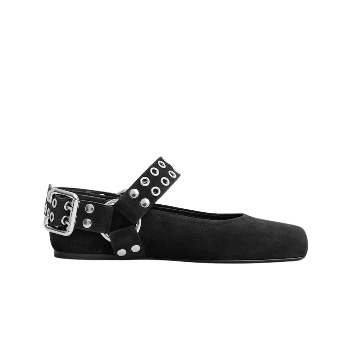 (W) 알라이아 스웨이드 바이커 발레 플랫 블랙((W) Alaia Biker Ballet Flats in Suede Black)