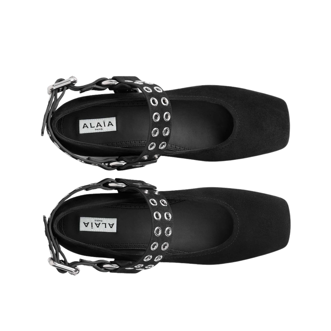 (W) 알라이아 스웨이드 바이커 발레 플랫 블랙((W) Alaia Biker Ballet Flats in Suede Black) - 2