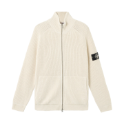 Stone Island 5100013 Fisherman's Rib Cotton Raw Beauty Zip Up Jumper with Pockets and Fisherman’s Rib Ivory - 25FW