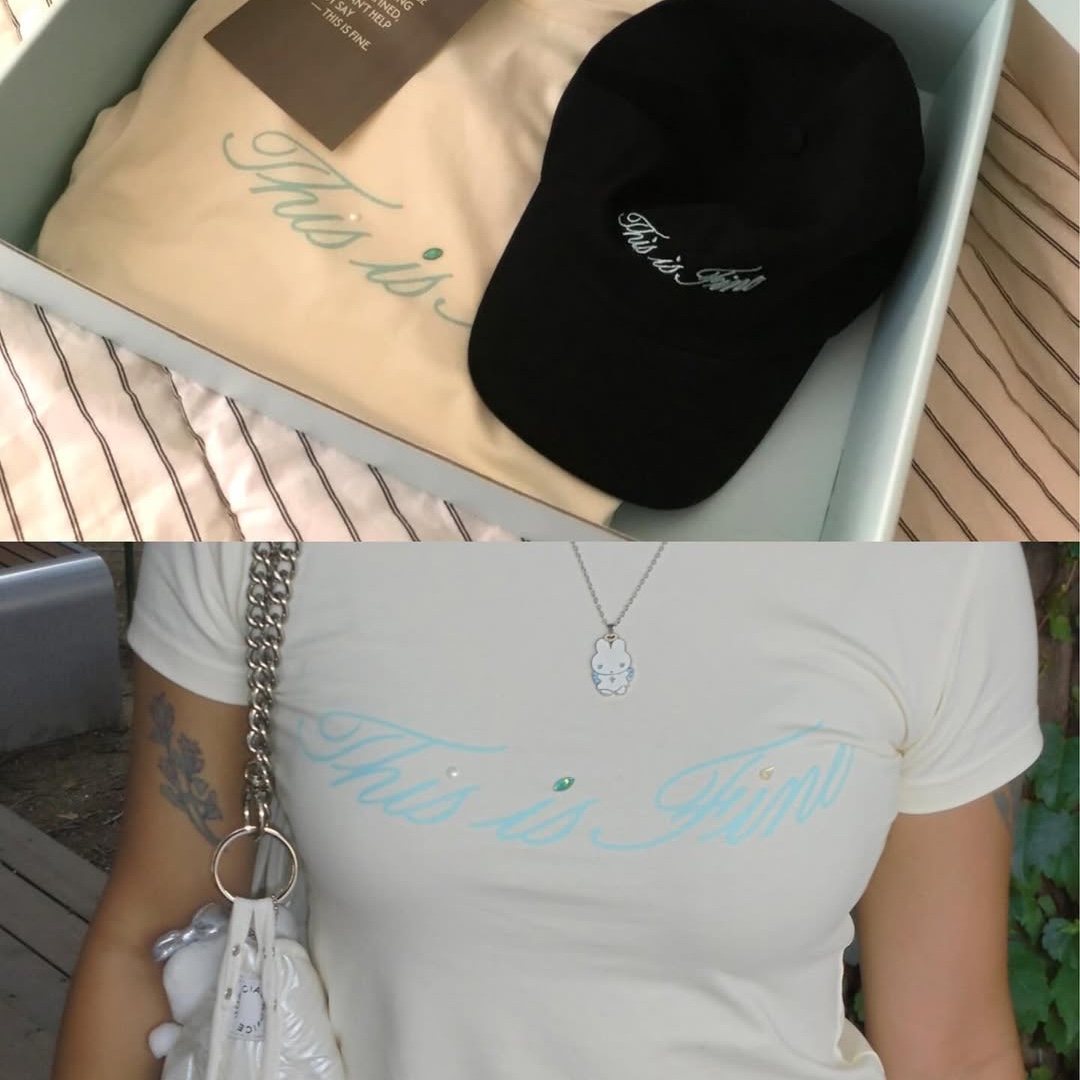 THIS IS FINE Cropped Signature Tee Cream, THIS IS FINE Signature Ball Cap Black 착용 스타일 - 9