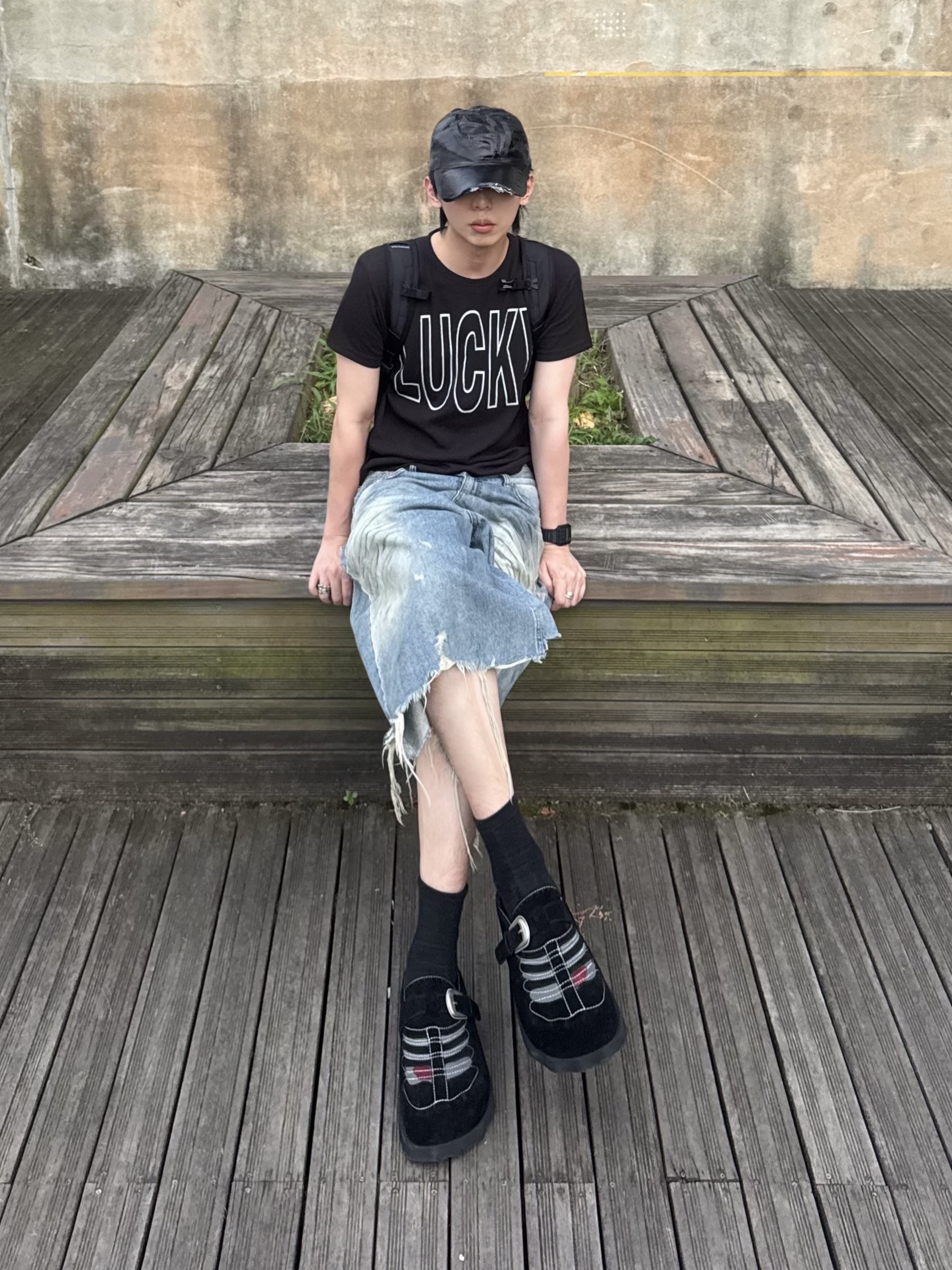 Project G/R Reworked Bermuda Shorts Blue, Salomon Trailblazer 10 Black 착용 스타일 - 6