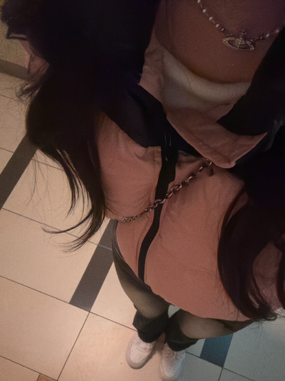 (W) The North Face Nuptse Short Jacket Pastel Pink, Vivienne Westwood Mini Bas Relief Choker Silver 착용 스타일