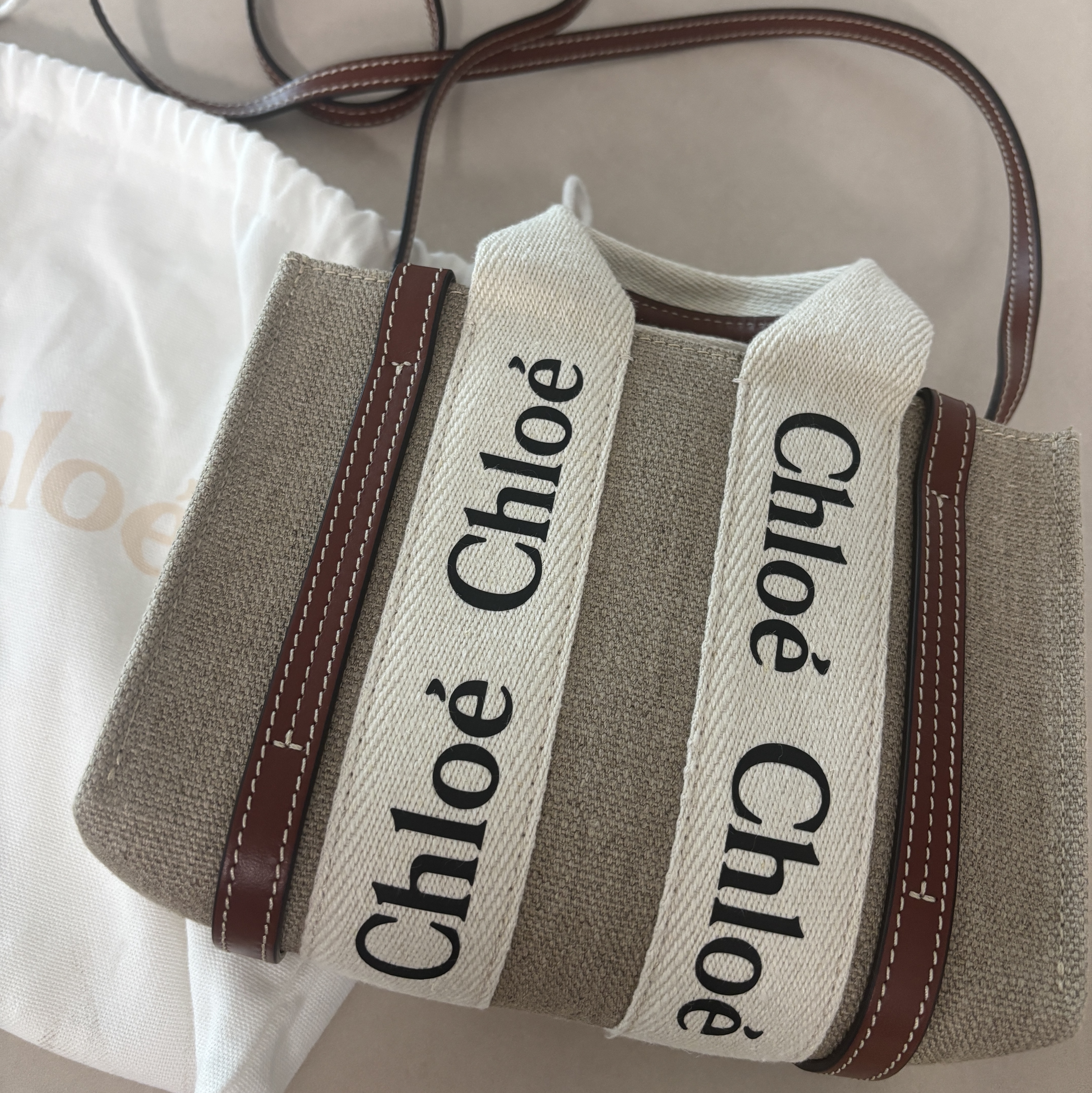 Chloe Woody Mini Tote Bag White Brown 착용 스타일