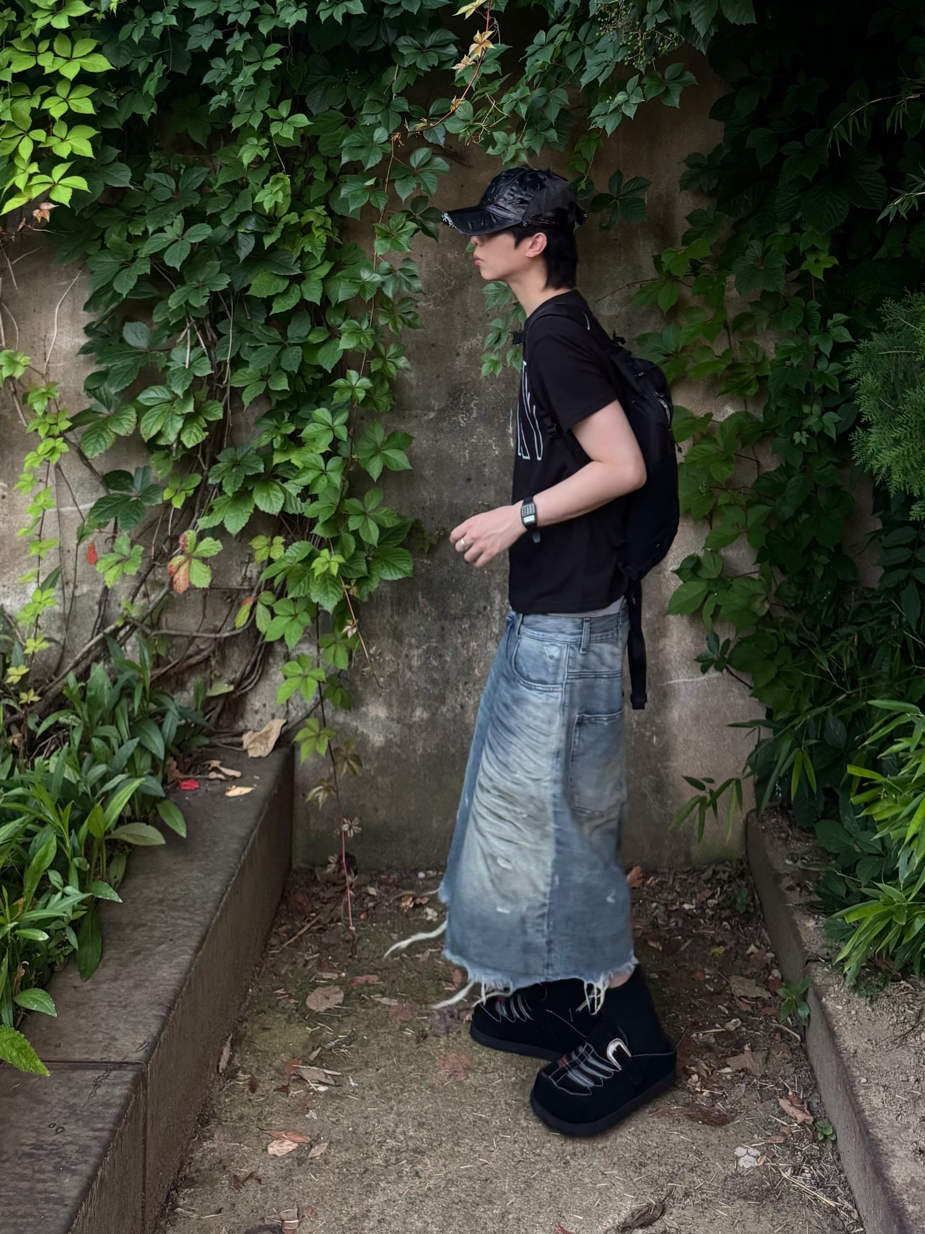 Project G/R Reworked Bermuda Shorts Blue, Salomon Trailblazer 10 Black 착용 스타일 - 5