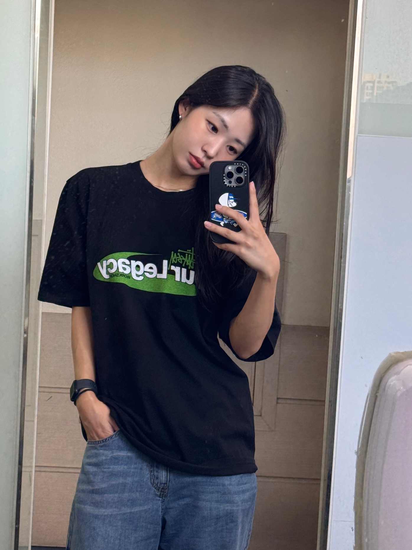 Stussy x Our Legacy Work Shop Swirl Pigment Dyed T-Shirt Black 착용 스타일 - 1