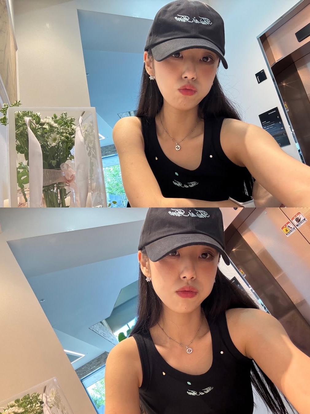 THIS IS FINE Ribbed Sleeveless Top Black, THIS IS FINE Signature Ball Cap Black 착용 스타일 - 4