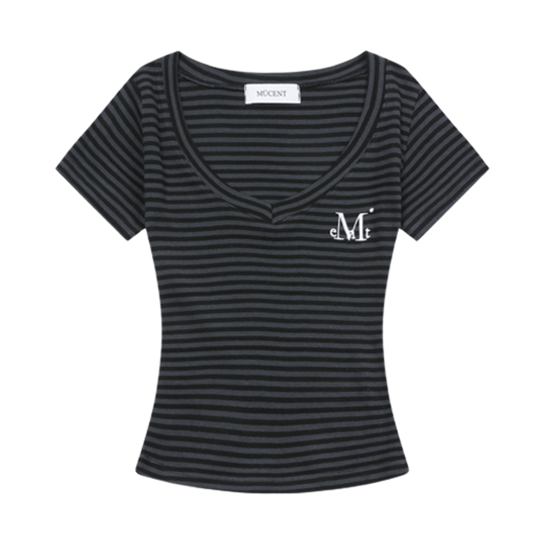 무센트 엠마 브이넥 스트라이프 반팔 티 블랙-차콜(MUCENT Emma V-Neck Stripe Half T Black-Charcoal)