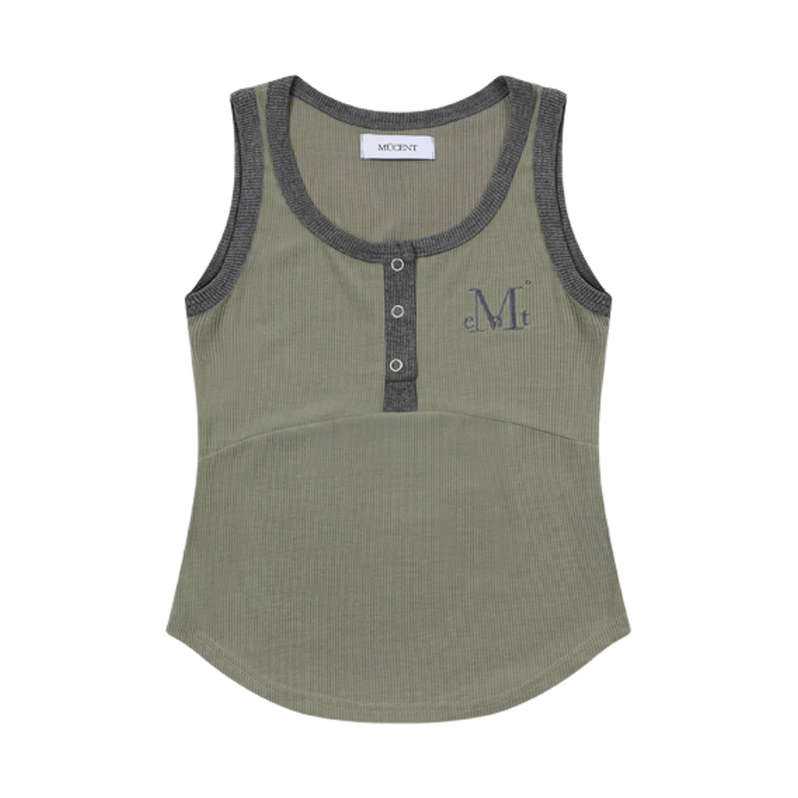 무센트 컬러팝 배색 버튼 크롭 골지 나시 카키(MUCENT Color-Pop Button Crop Sleeveless Khaki) - 1