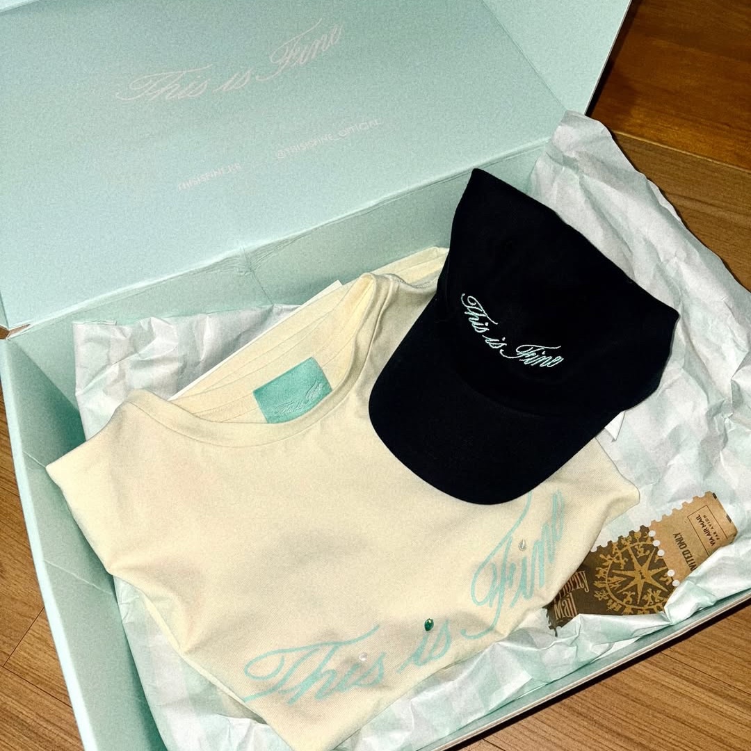 THIS IS FINE Cropped Signature Tee Cream, THIS IS FINE Signature Ball Cap Black 착용 스타일 - 10