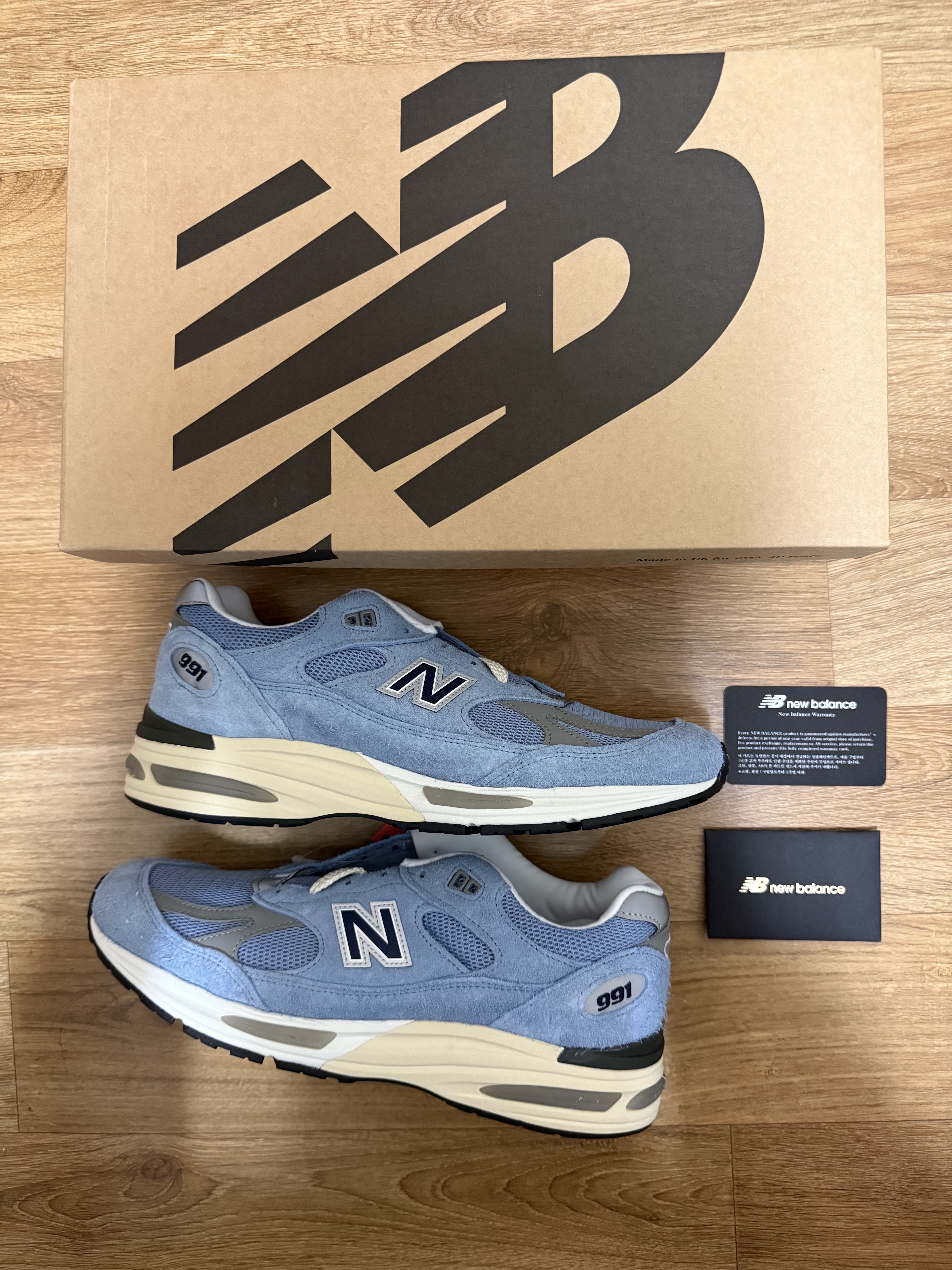New Balance 991v2 Made in UK Celestial Blue Faded Denim 착용 스타일 - 1