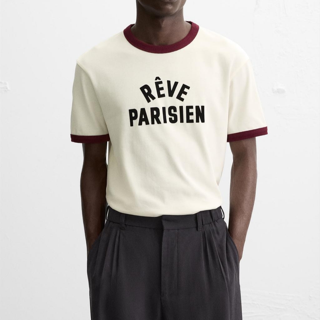 Zara Contrasting Ribbed T-Shirt Ecru 착용 스타일