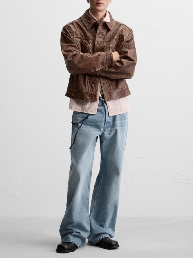 Zara Washed Leather Jacket Brown 착용 스타일