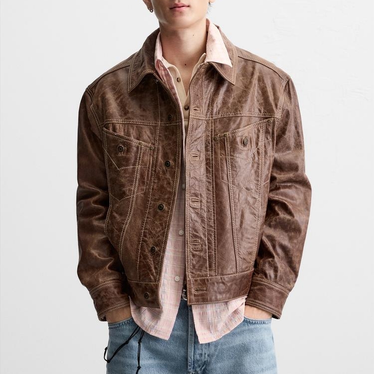 Zara Washed Leather Jacket Brown 착용 스타일