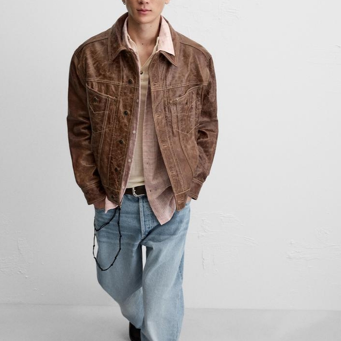 Zara Washed Leather Jacket Brown 착용 스타일
