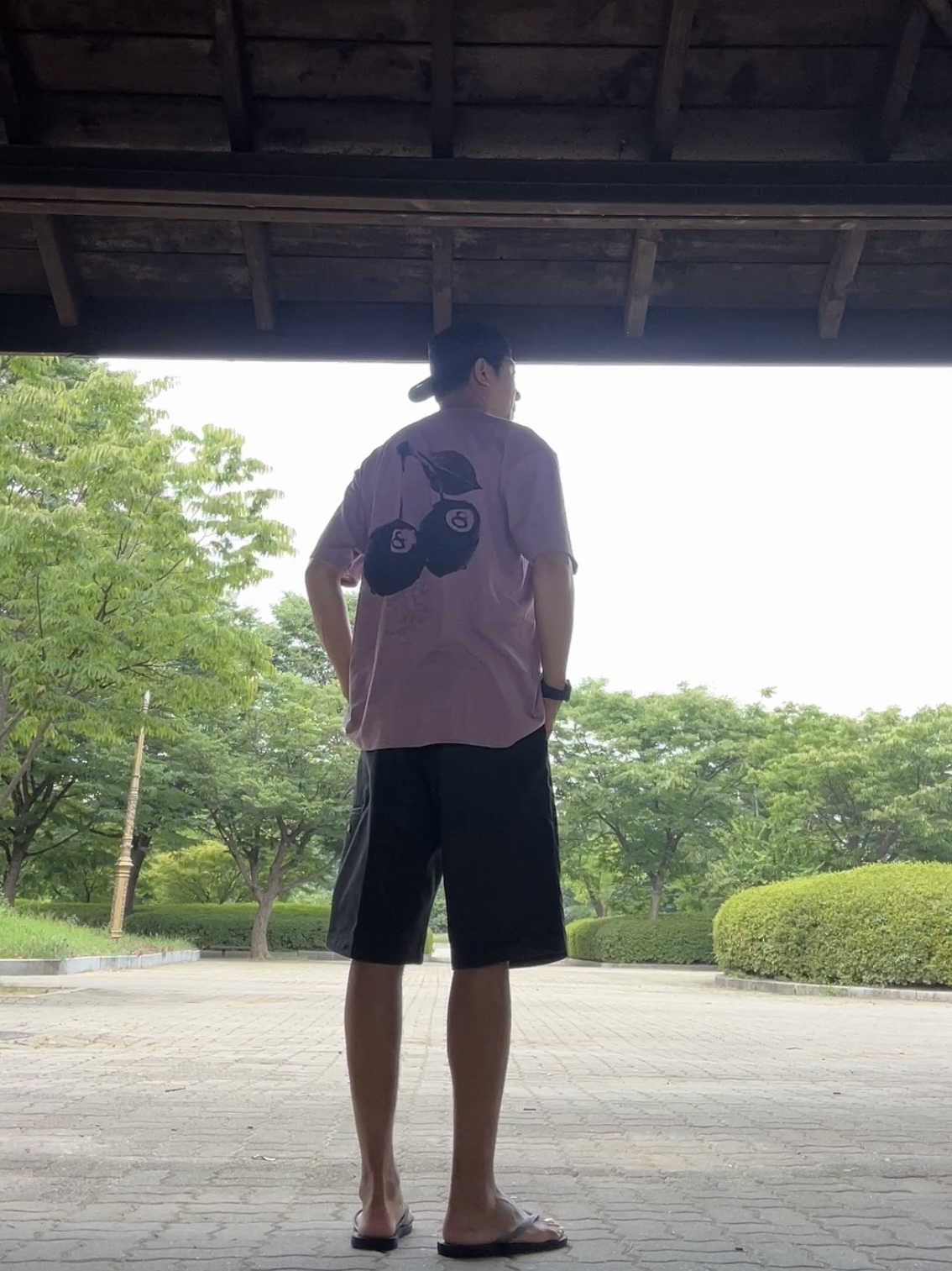 Stussy Cherries T-Shirt Orchid, Dickies Loose Fit 13 Inch Flat Front Work Shorts Black 착용 스타일
