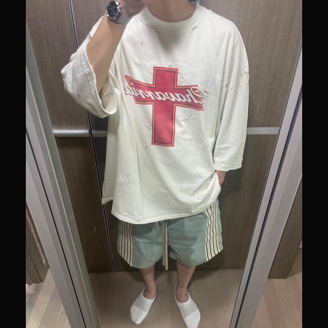 Fear of God Striped Insert Shorts Blue, Essentials Classic Short Sleeve T-Shirt Bright White - 25SS 착용 스타일