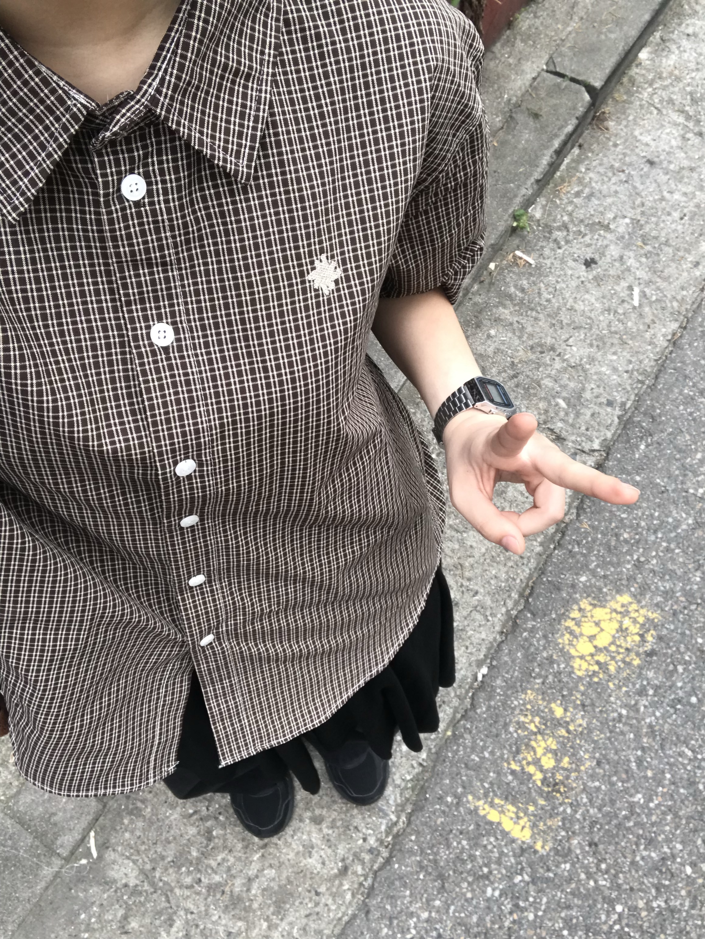 SLOW RECORD HOUSE Logo Check Short Sleeve Shirt Brown 착용 스타일 - 6
