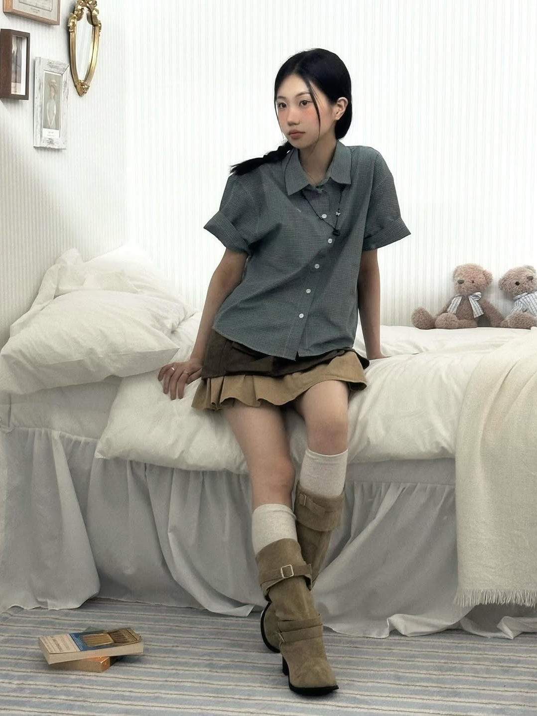 SLOW RECORD HOUSE Logo Check Short Sleeve Shirt Blue 착용 스타일 - 2