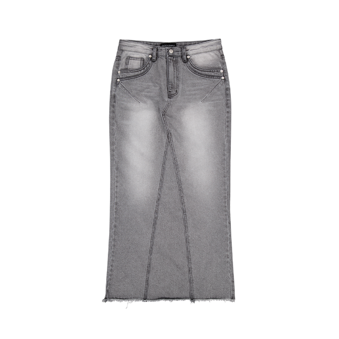 고다신 워시드 맥시 데님 스커트 그레이(GODASHIN Washed Maxi Denim Skirt Gray)