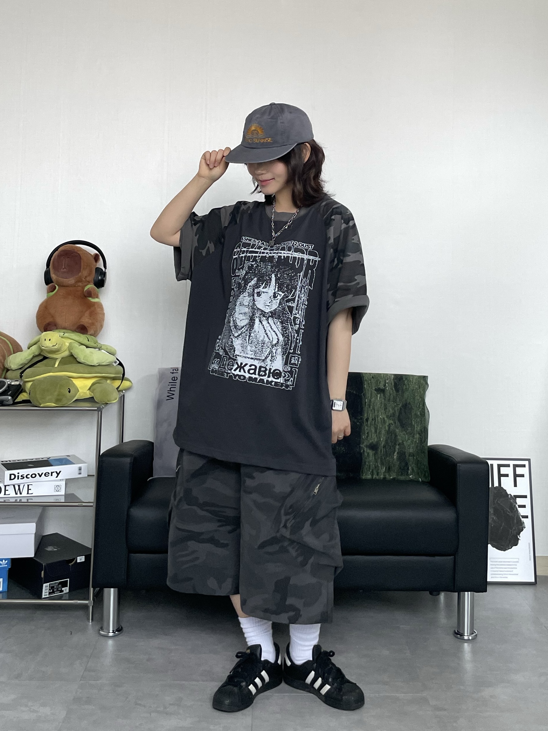 Adidas Superstar Core Black White, Hello Sunrise Washed OG Logo 6panel Cap Gray 착용 스타일 - 4