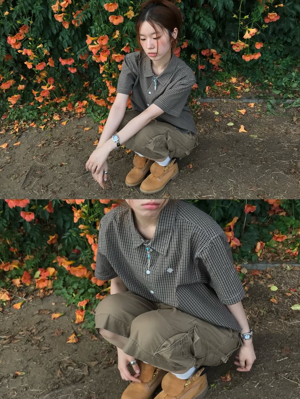 SLOW RECORD HOUSE Logo Check Short Sleeve Shirt Brown 착용 스타일 - 5