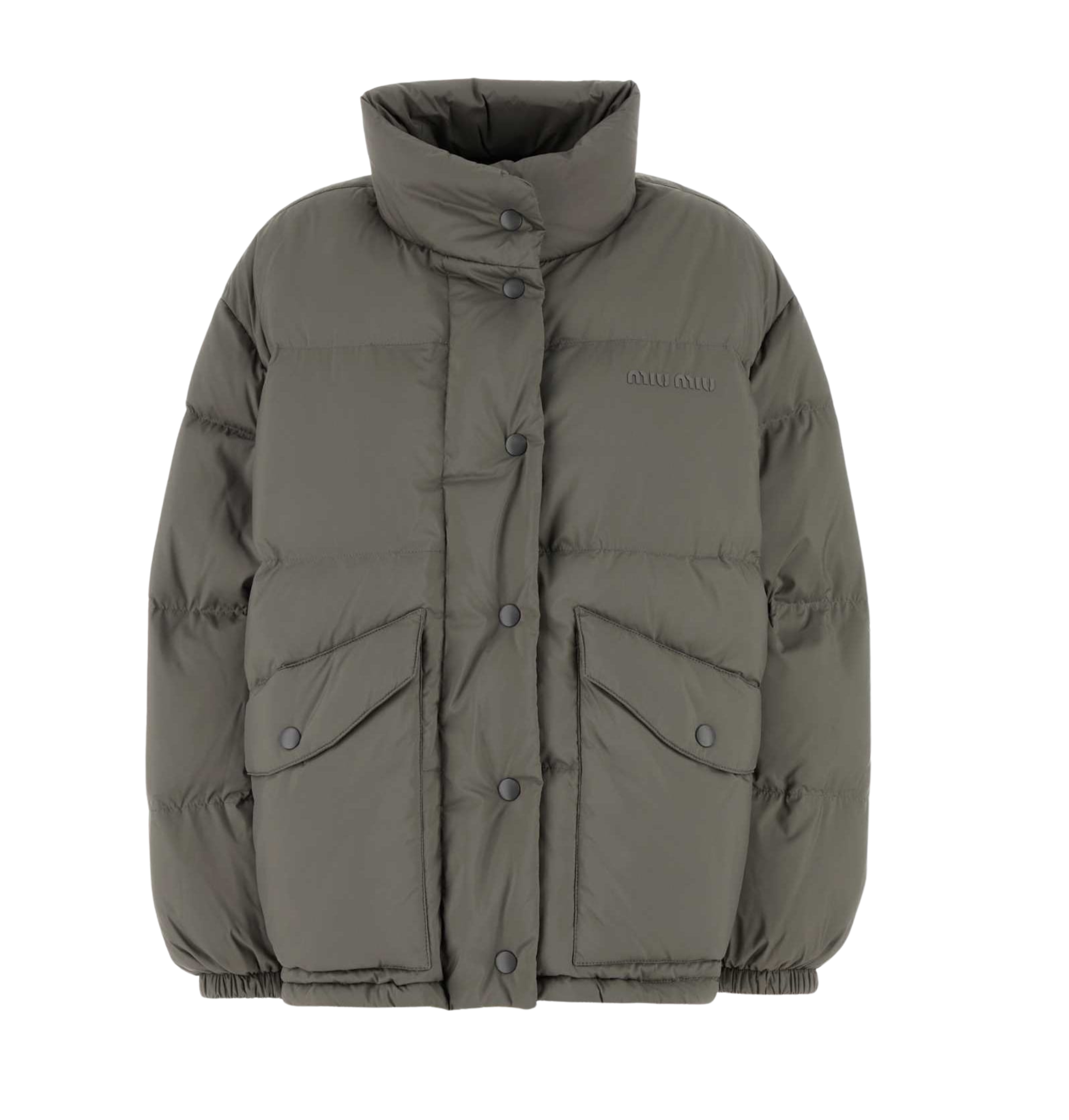 (W) 미우 미우 미드 웨이트 테크니컬 폰지 다운 자켓 그레이((W) Miu Miu Mid Weight Technical Ponge Down Jacket Grey)