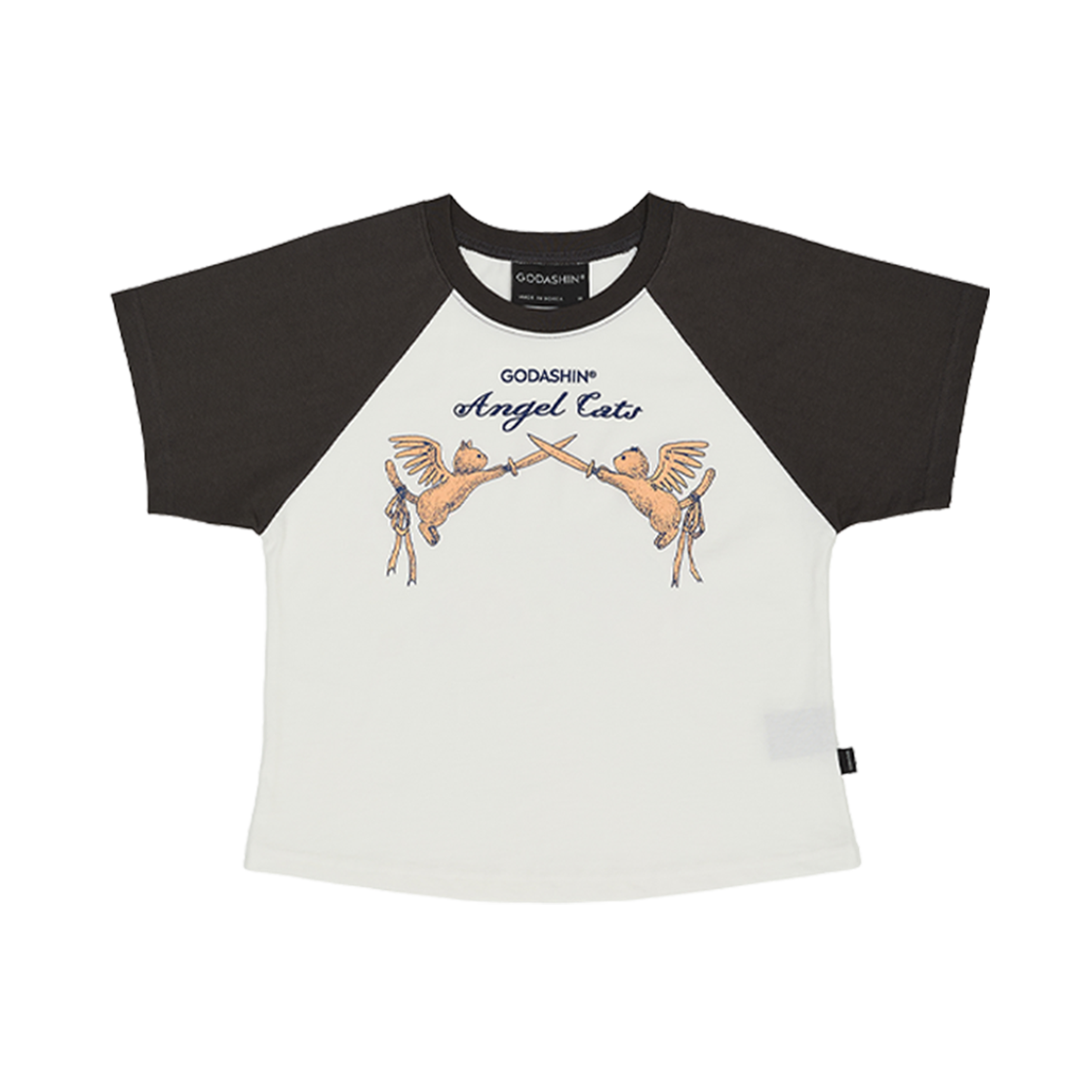 GDS42RWST01IV GODASHIN Angel Cats Raglan T-Shirt Charcoal+Ivory