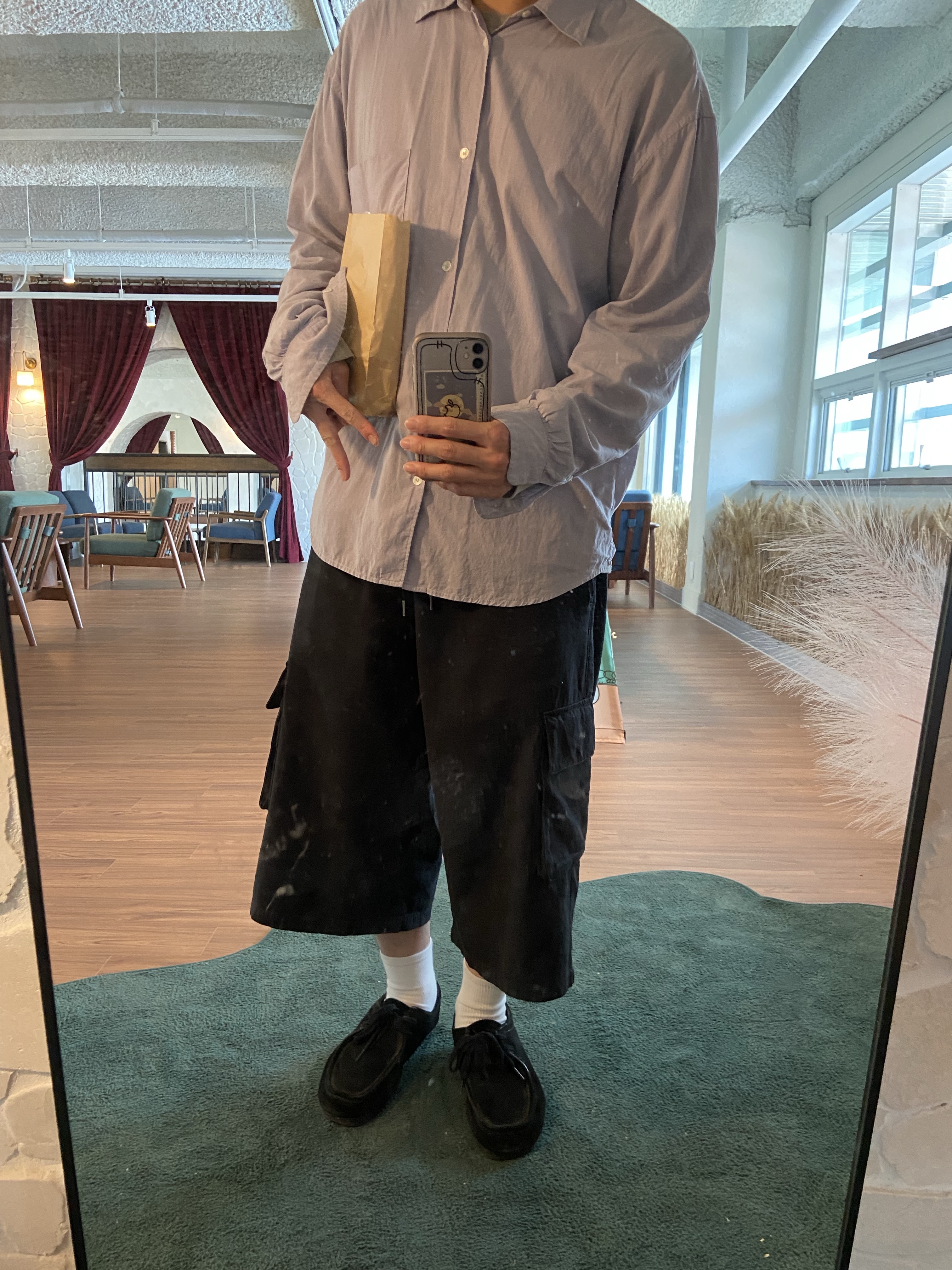Polyteru Human Index index 1/2 Cargo Pants Black, GU Real Leather Moccasin Shoes Black 착용 스타일
