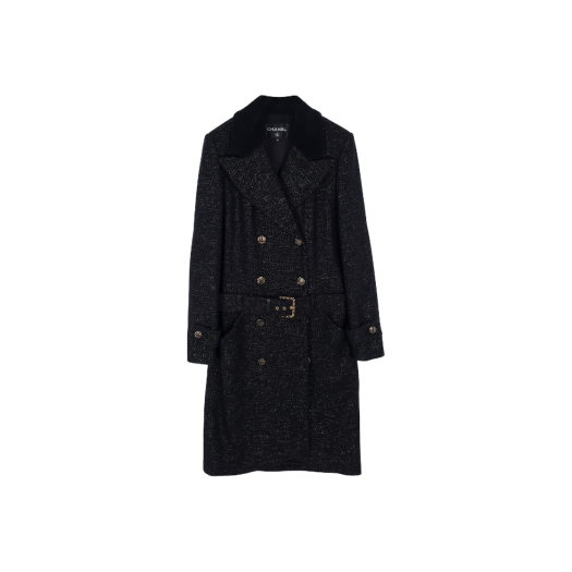 IT7WSFGK3C5V Chanel Belted Tweed Coat Size 38 Black Gold