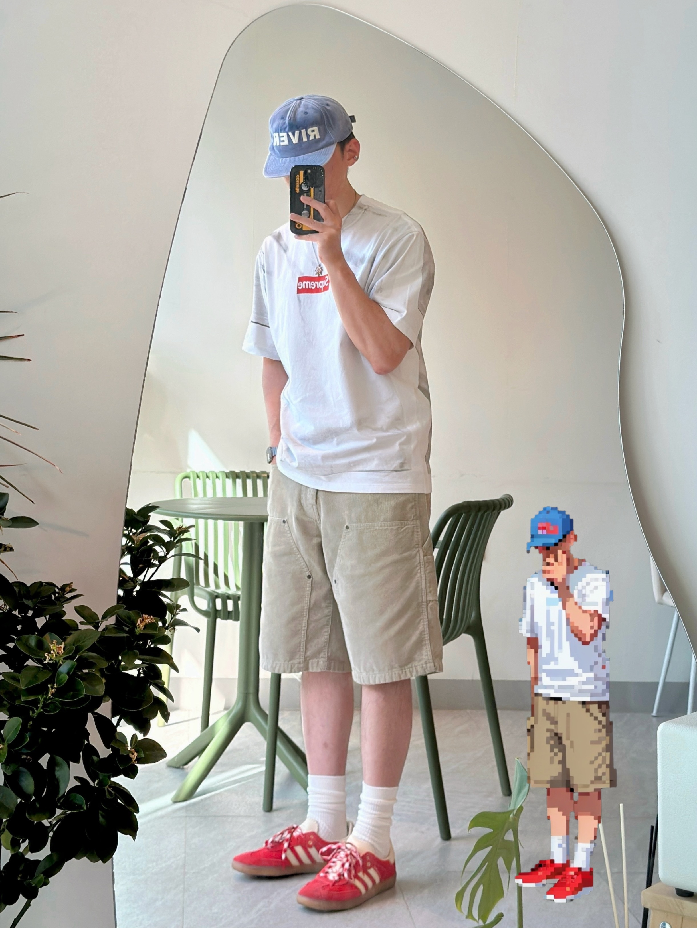 Supreme x MM6 Maison Margiela Box Logo T-Shirt White - 24SS, Supreme Washed Corduroy Double Knee Painter Short Tan - 24SS 착용 스타일