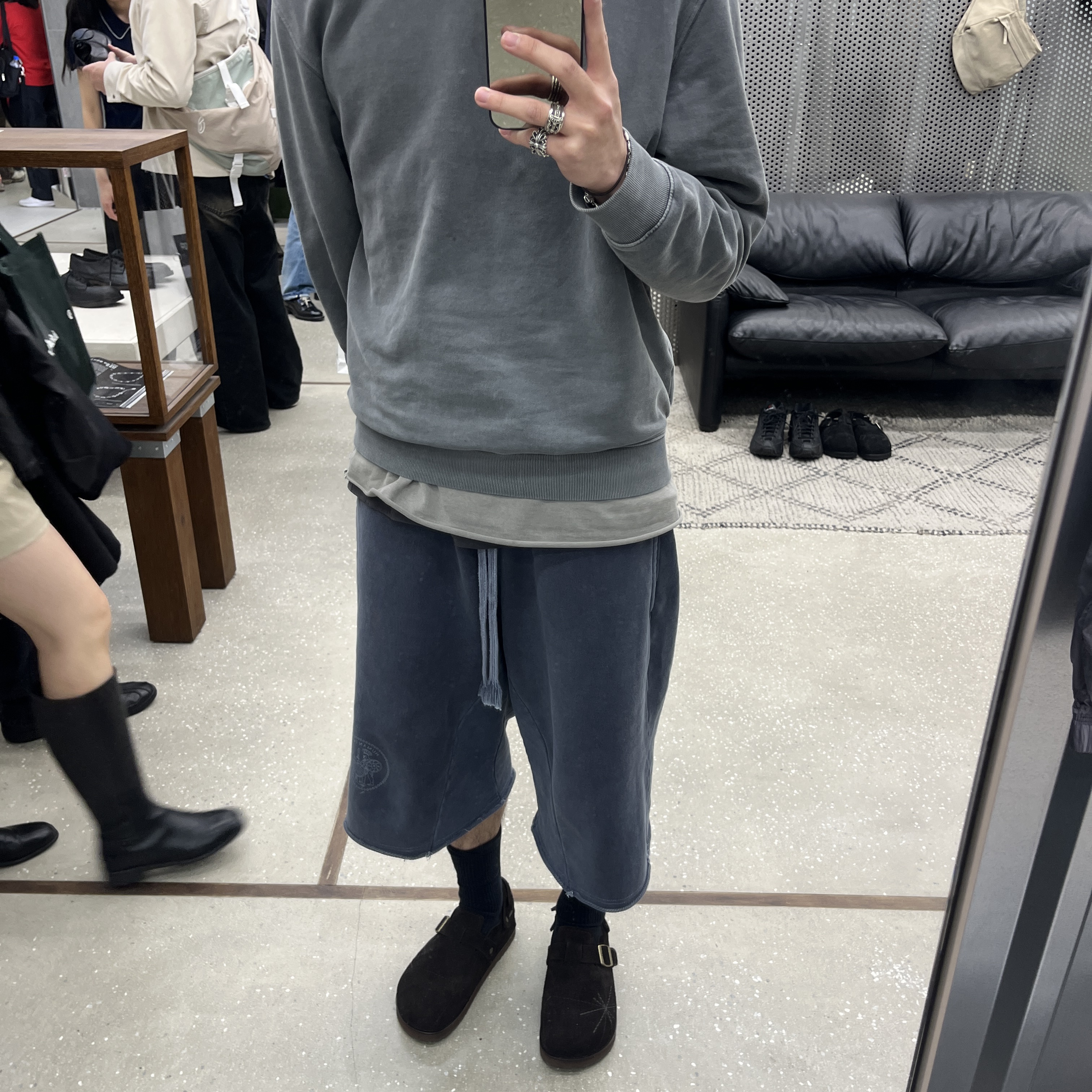 Polyteru Human Index Human Sleeveless Gray Beige, Polyteru Human Index Human 1/2 Sweatpants Blue 착용 스타일