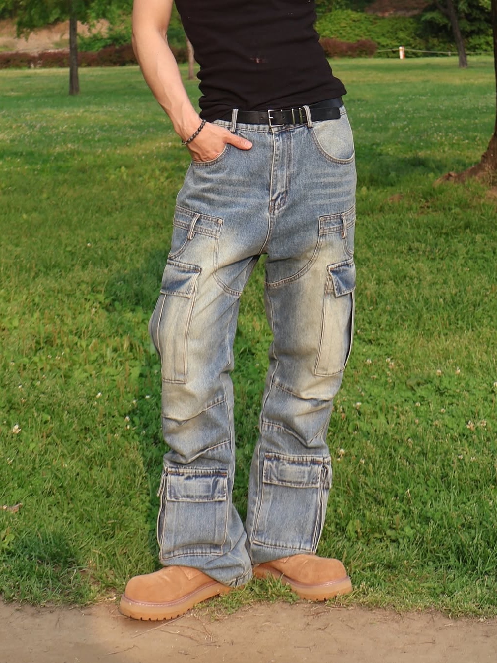 Dominant Semi Flare Washed Denim Pants Blue 착용 스타일 - 5