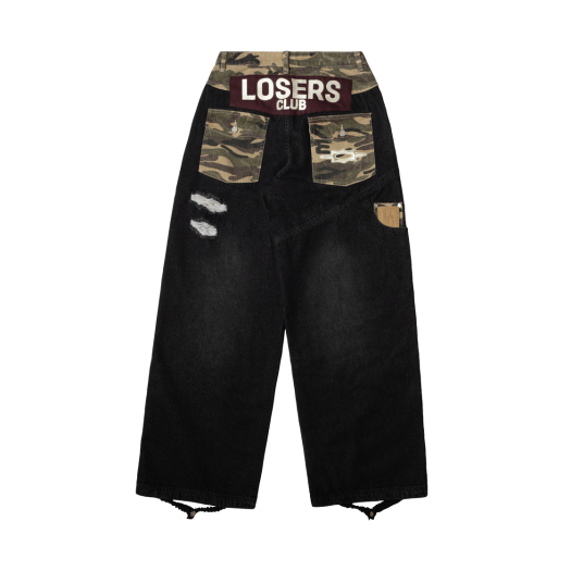 LCSA01PT02 LOSERS CLUB LSC Camo Mix Damage Wide Denim Pants Black