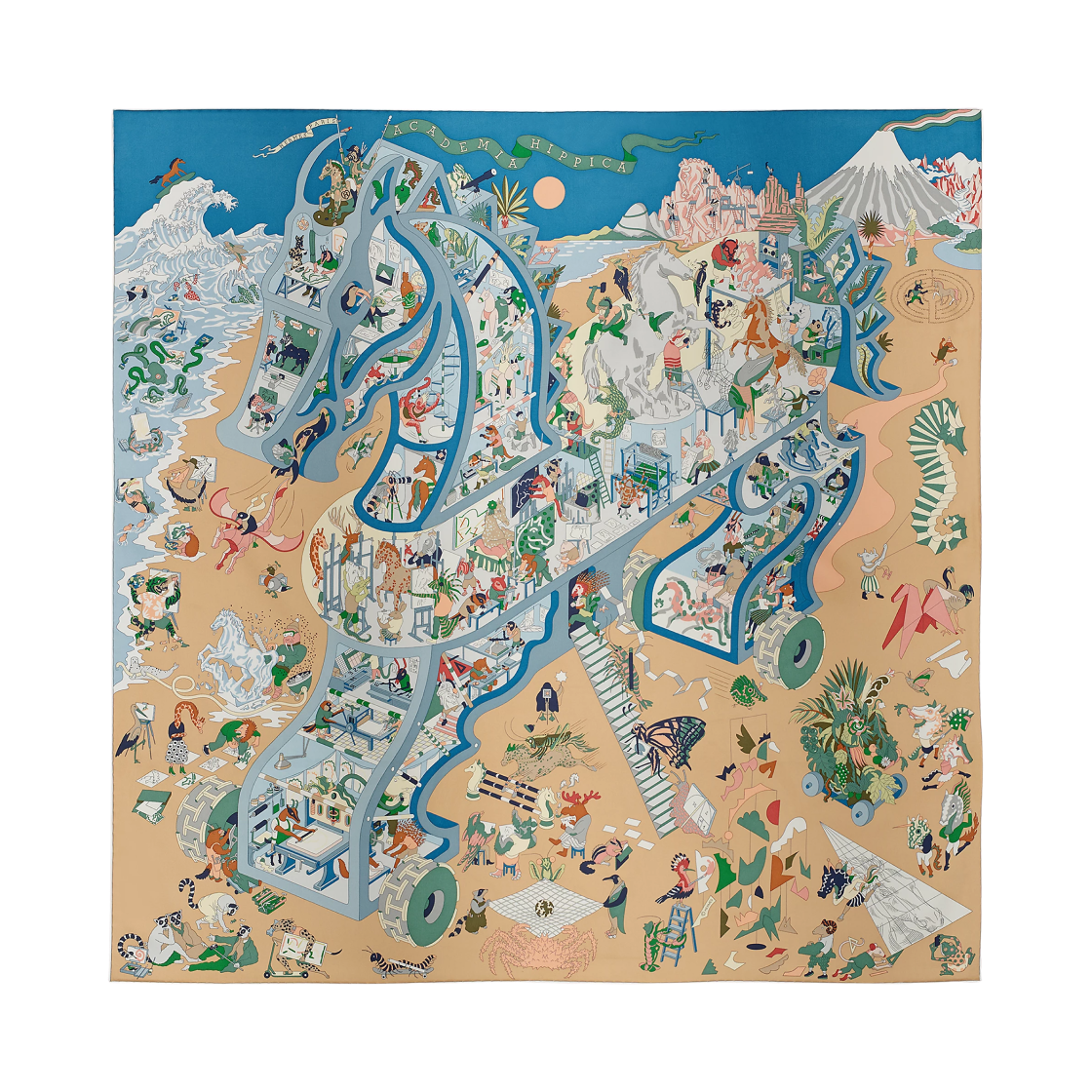 에르메스 아카데미아 히피카 스카프 90 & 블루 아주르 베쥬 도르 베르(Hermes Academia Hippica Scarf 90 & Blue Azure Beige Dore Ber)
