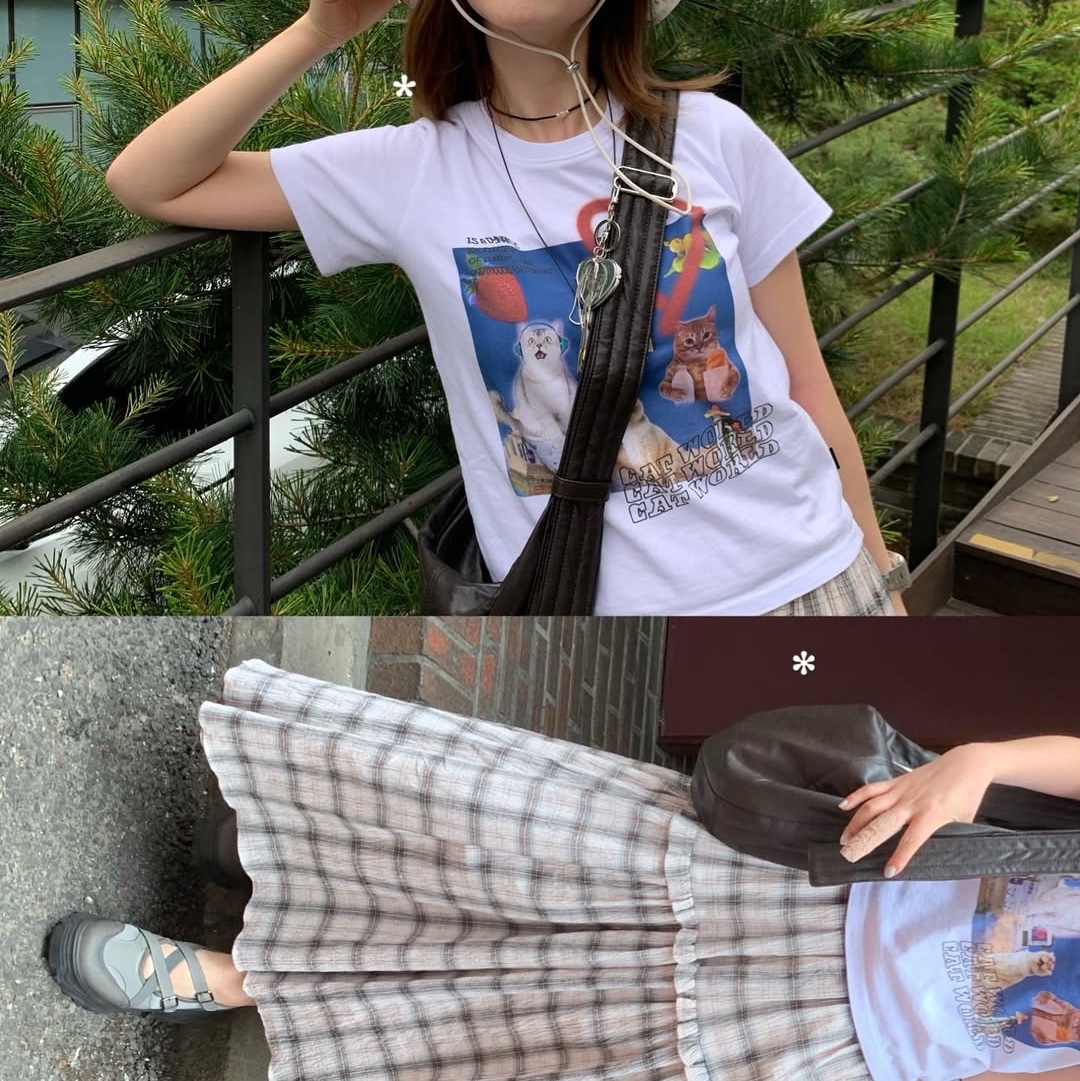 Dominant Cat World Crop Tee White 착용 스타일 - 3