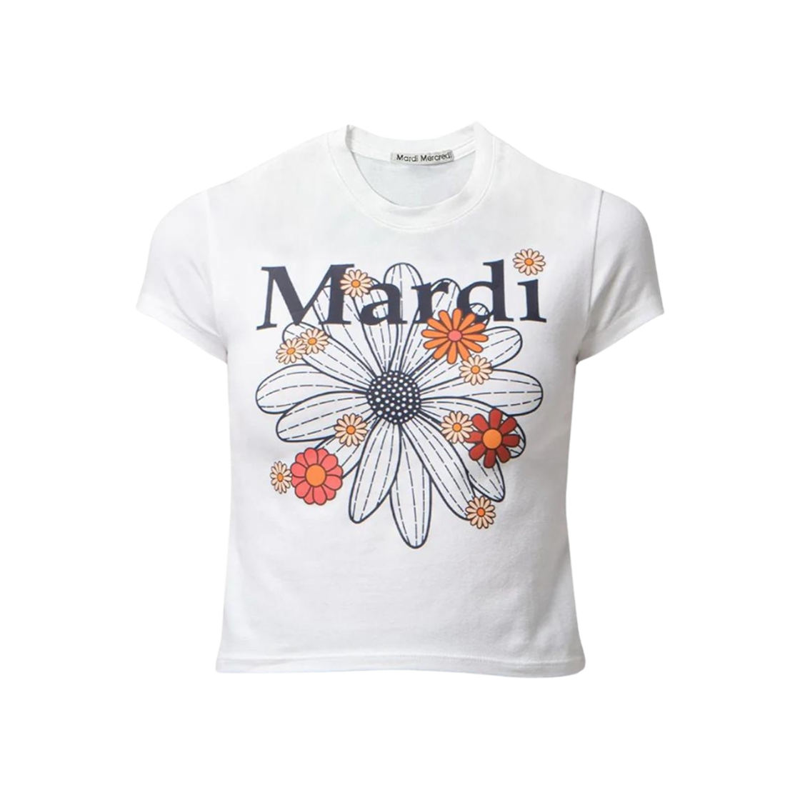 (W) 마르디 메크르디 플라워마르디 블라썸 크롭 티셔츠 화이트 네이비((W) Mardi Mercredi Flowermardi Blossom Cropped T-Shirt White Navy)