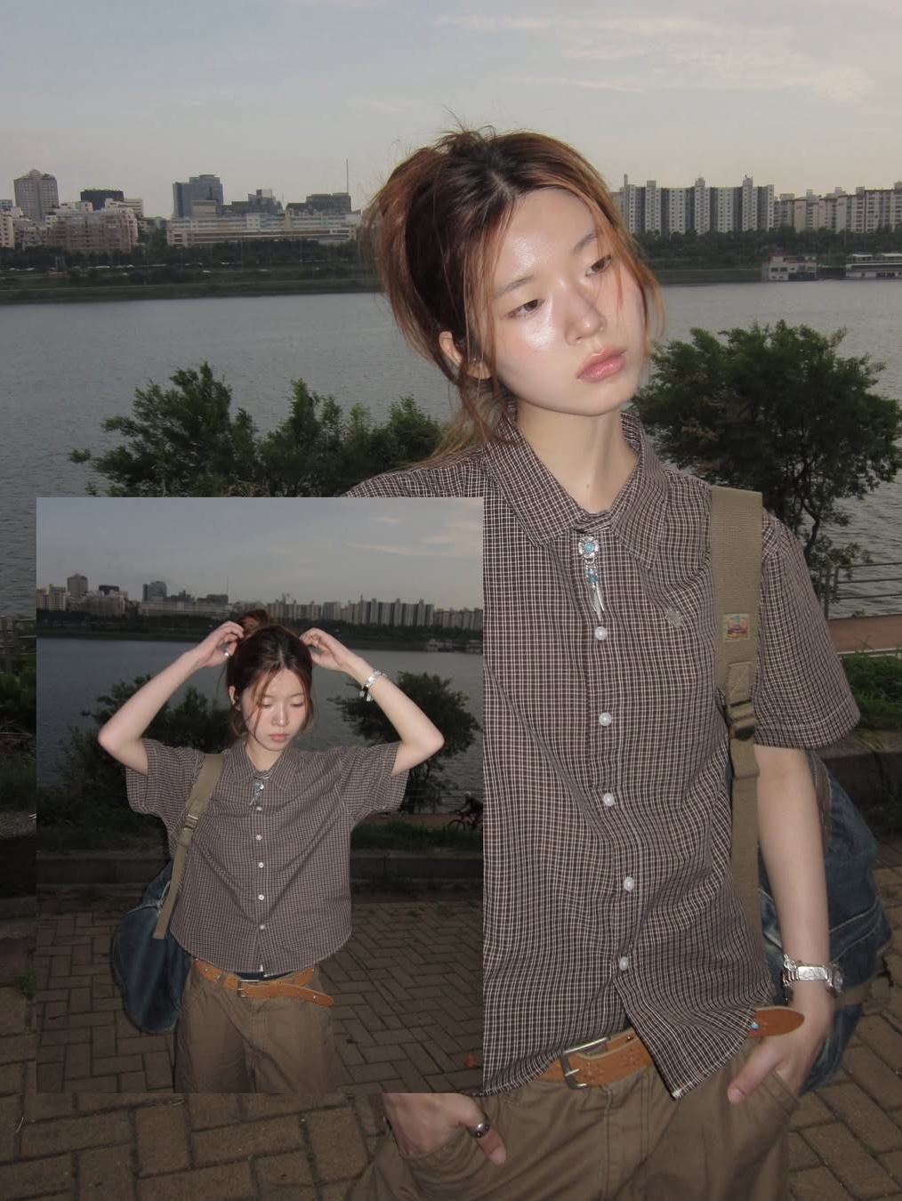 SLOW RECORD HOUSE Logo Check Short Sleeve Shirt Brown 착용 스타일 - 4