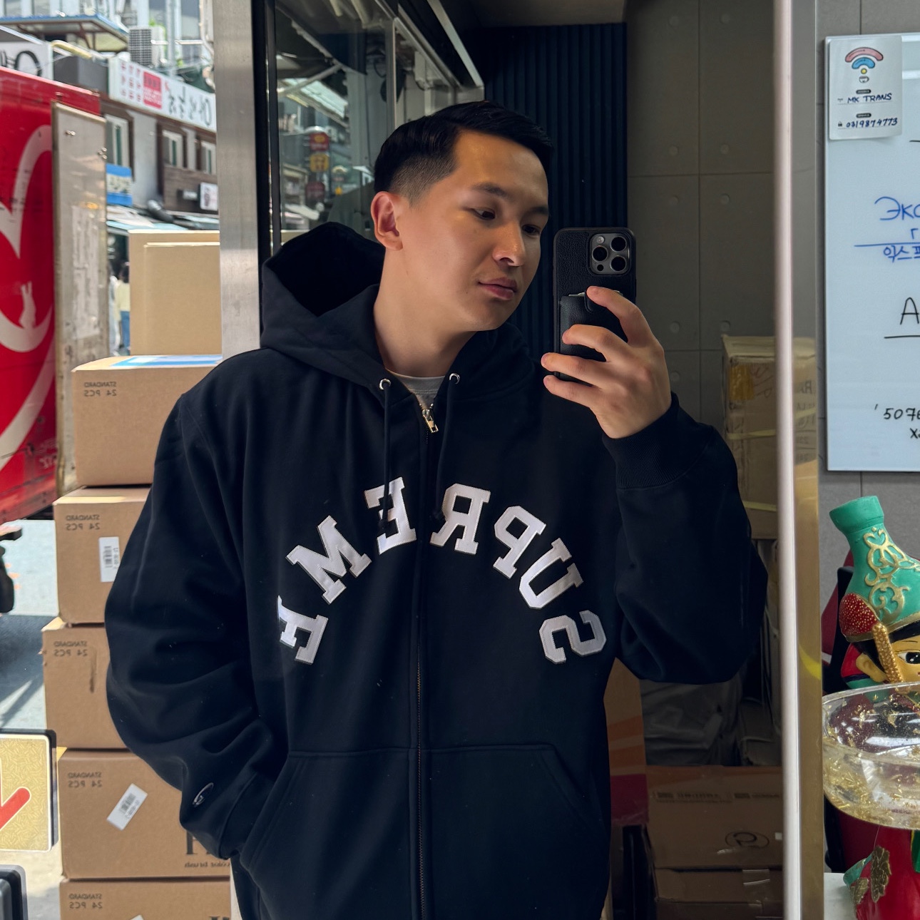 Supreme x Champion Zip Up Hooded Sweatshirt Black - 24SS 착용 스타일