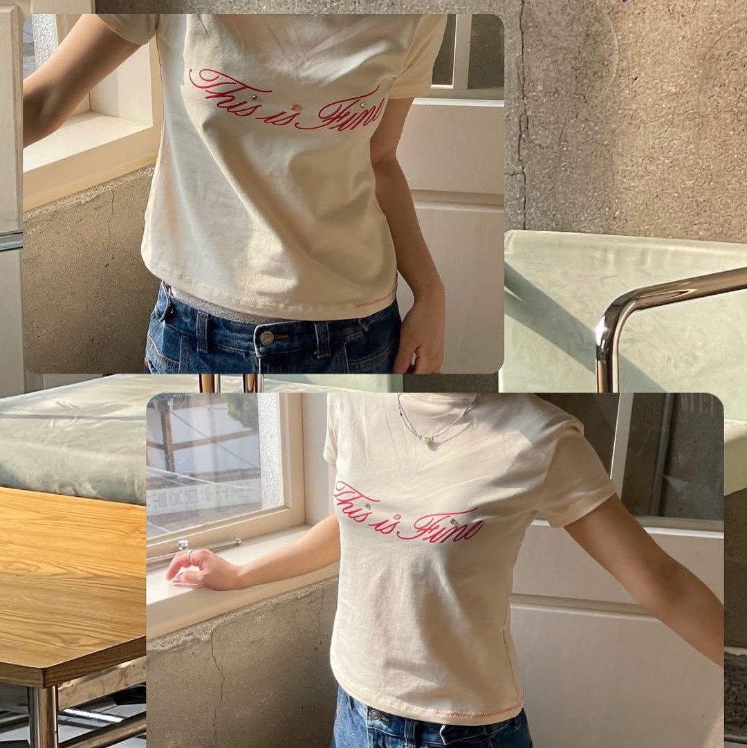 THIS IS FINE Cropped Signature Tee Yellow 착용 스타일 - 4